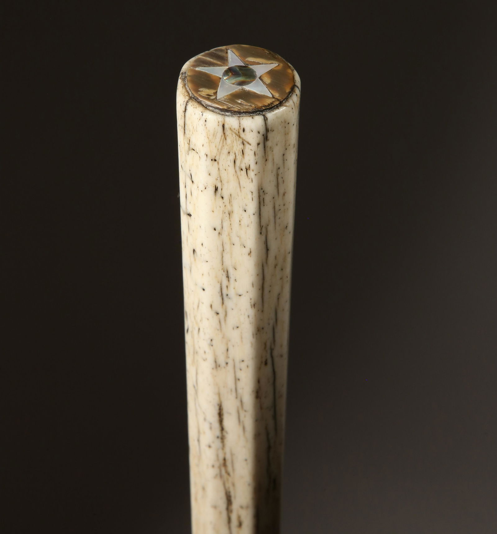 Whaleman Made Antique Whalebone Walking Stick, circa 1860: Whaleman Made Antique Whalebone Walking Stick, circa 1860, crafted from a single piece of antique whalebone, the top inlaid with an abalone and mother of pearl star grip, the shaft engraved with the o