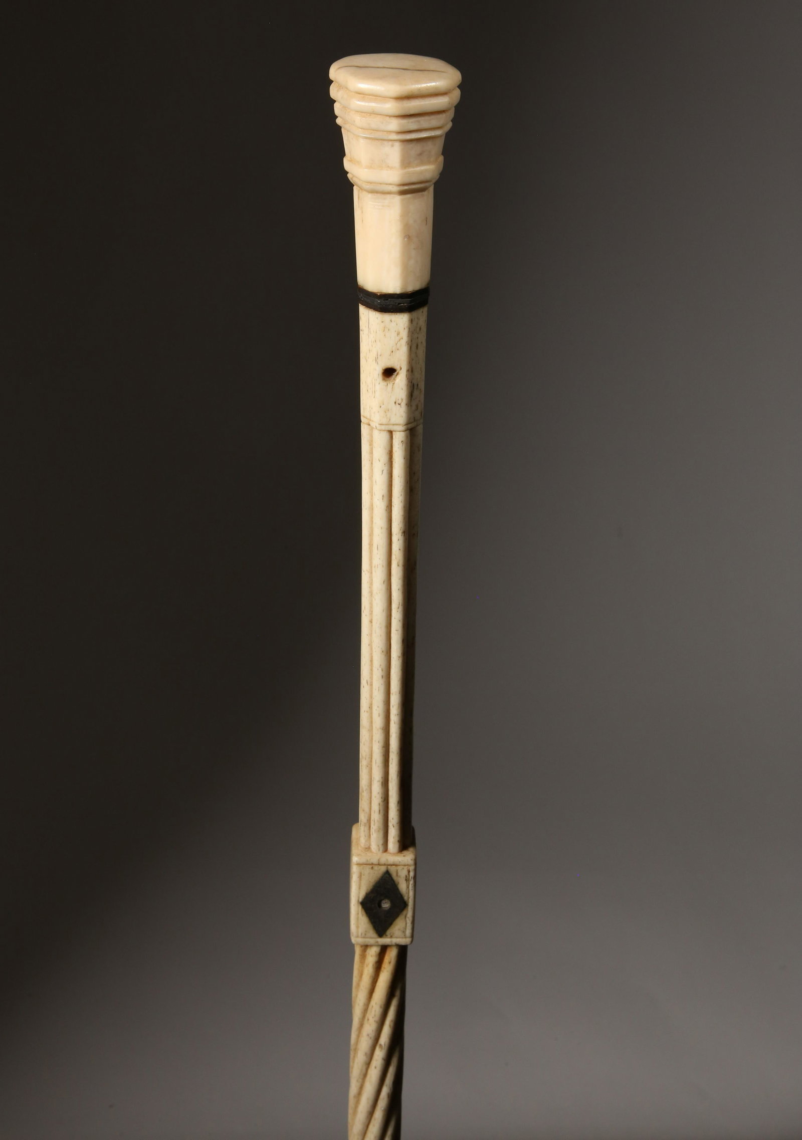 Whaleman Made Paneled Grip Walking Stick, circa 1850: Whaleman Made Paneled Grip Walking Stick, circa 1850, paneled antique whale ivory grip, silver and baleen spacers above a carved whalebone shaft having a cable section and a rope twisted section inter