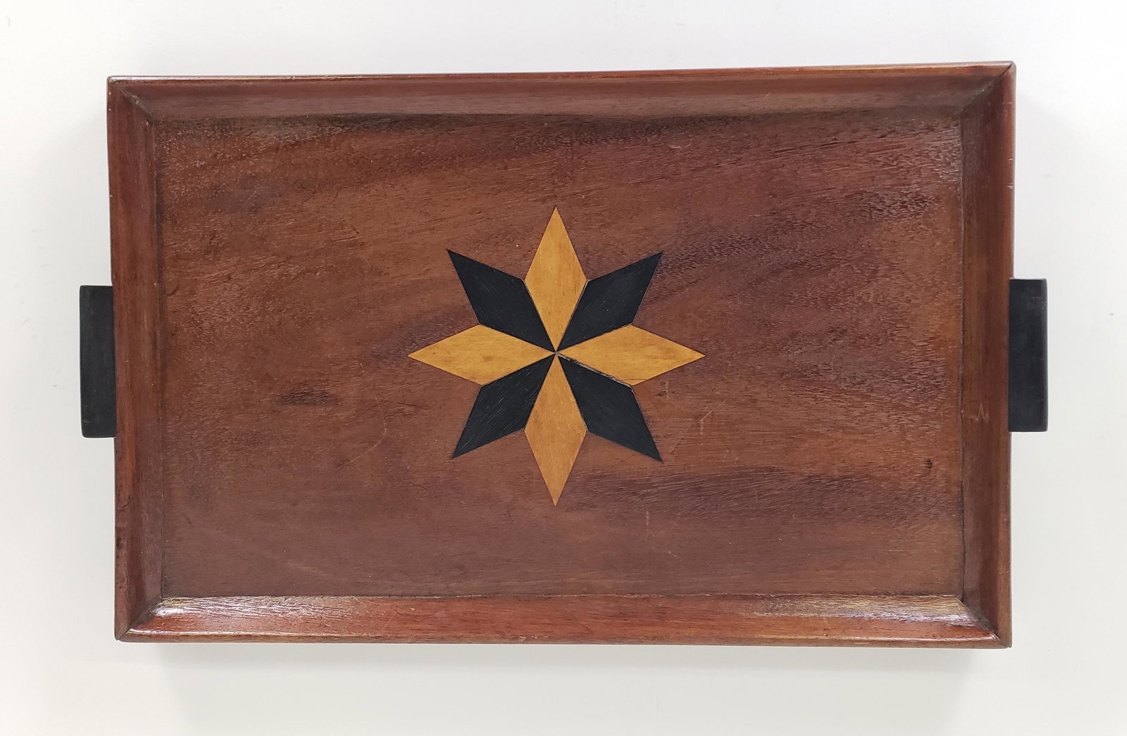 Antique Sailor Made Star Inlaid Serving Tray, 19th century: Antique Sailor Made Star Inlaid Serving Tray, 19th century, with ebony and maple inlay, and flanking ebony handles. 11.5 in. x 19.25 in.