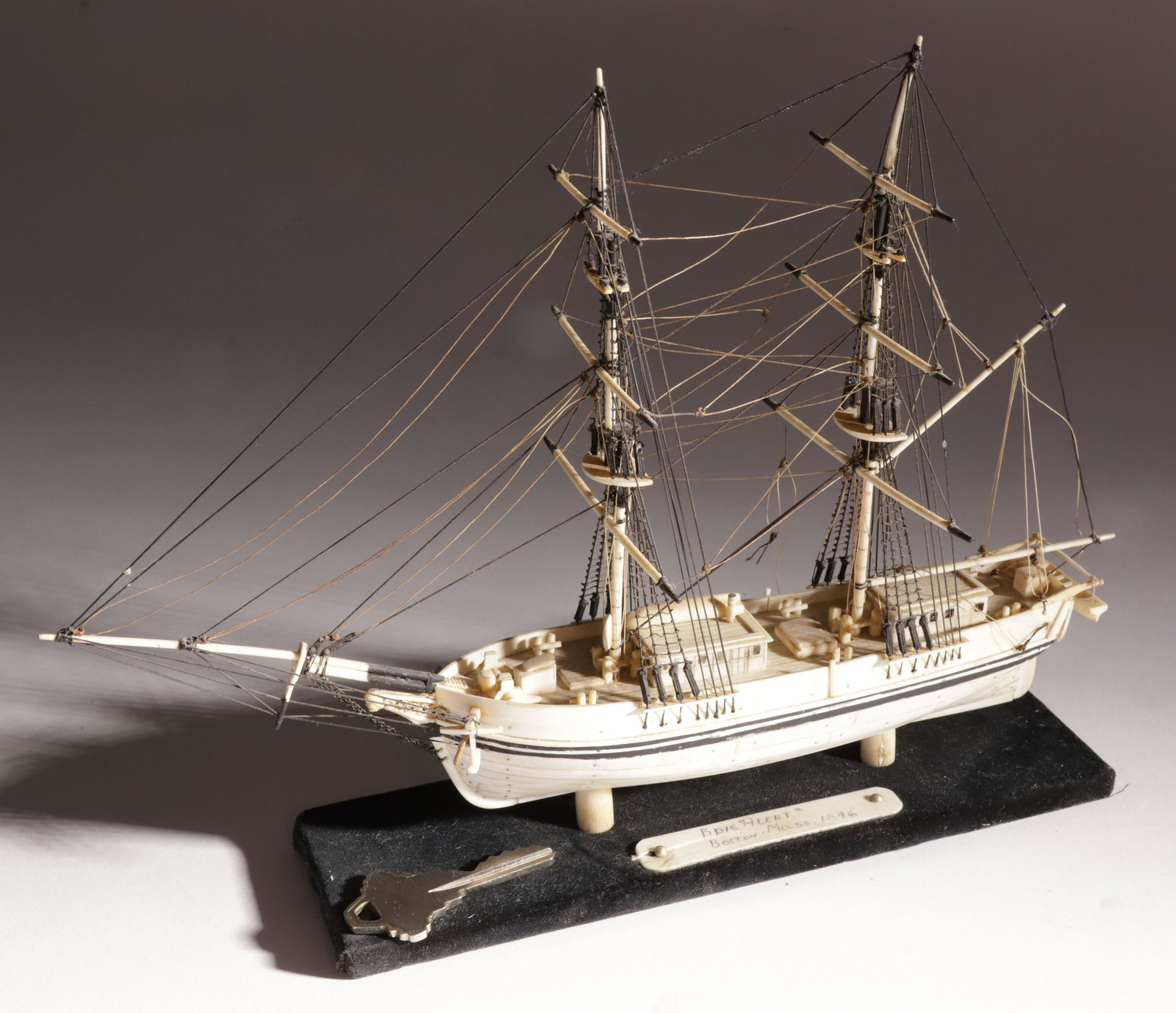 Contemporary Miniature Bone Clippership Model of the Brig Alert, Boston, Massachusetts 1845: Contemporary Miniature Bone Clippership Model of the Brig Alert, Boston, Massachusetts 1845, bone and mixed media Height 8 in. Length 10.75 in. Width 2.5 in. Provenance: The Estate of Stephen Weinroth