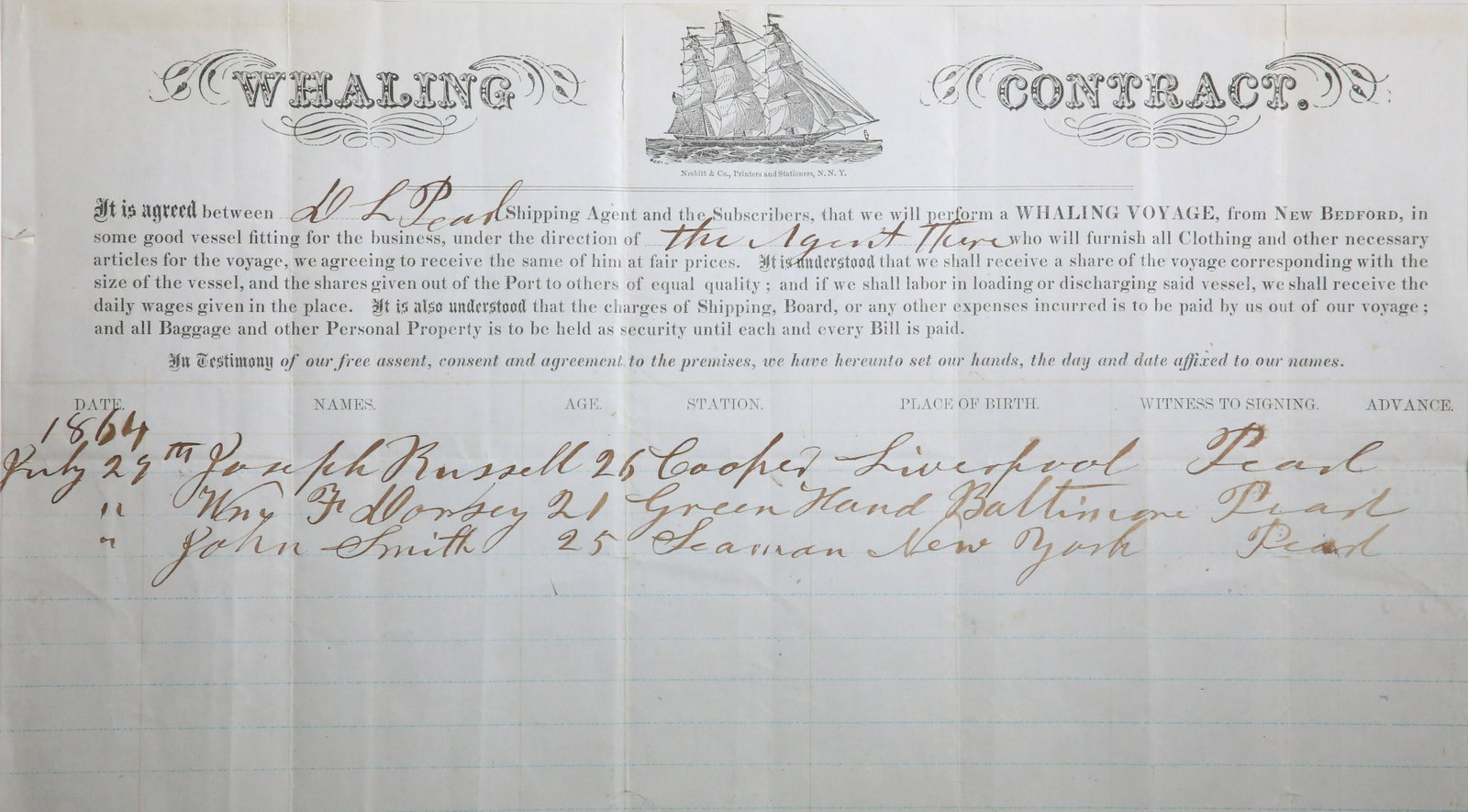 Framed 1864 Whaling Contract from D.L Pearl Shipping Agent Out of New Bedford: 1864 Whaling Contract from D.L. Shipping Agent Out of New Bedford, "Between D.L. Pearl Shipping Agent and the Subscribers, That we will Perform a whaling voyage from New Bedford, in some good vessel f