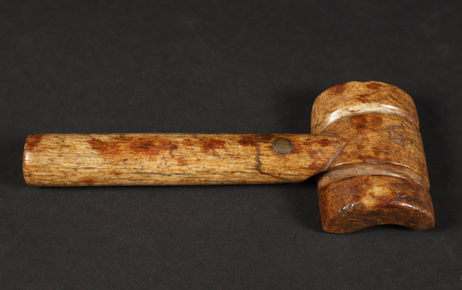 Antique Whalebone Serving Mallet 18th - 19th Century, with incised "W": , old rivet repair 6 in. x 2.5 in.