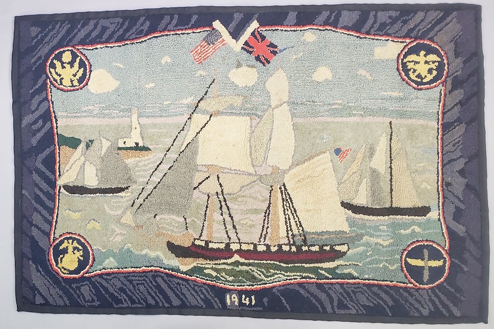 Extraordinary Vintage WW2 Pictorial Nautical Hooked Rug Carpet, circa 1941: Extraordinary Vintage WW2 Pictorial Nautical Hooked Rug Carpet, circa 1941, depicting three American clipper ship vessels in full mast homeward bound rounding a coastal lighthouse. Commemorating the f