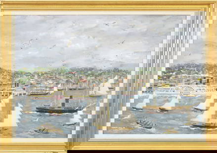 Maxwell Mays (1918-2009) Gouache on Board "Fall River Harbor" 1990: Maxwell Mays (1918-2009) Gouache on Board "Fall River Harbor" signed lower left Maxwell Mays '90 23.5 in. x 35.5 in. Overall 29 in. x 41 in. Mays was known for the New England scene paintings, landsca
