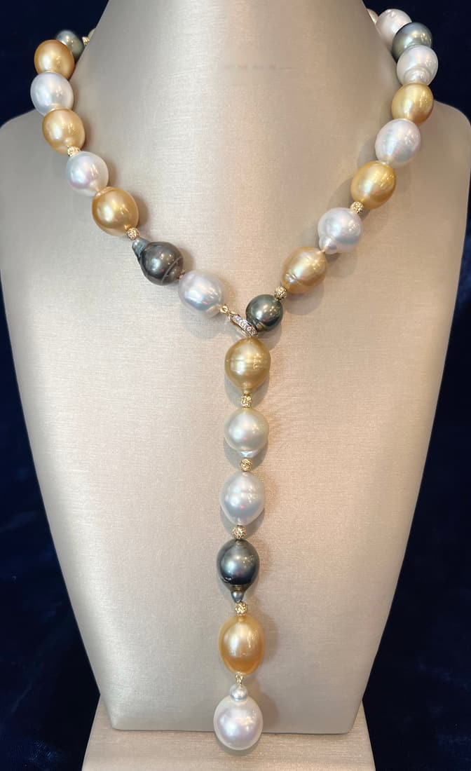 Multi-color South Sea and Tahitian Pearl Lariat Necklace, 14k Gold: Multi-color South Sea and Tahitian Pearl Lariat Necklace, 14k Gold, pearls measure 12.5mm x 14.5mm Length 20 in.