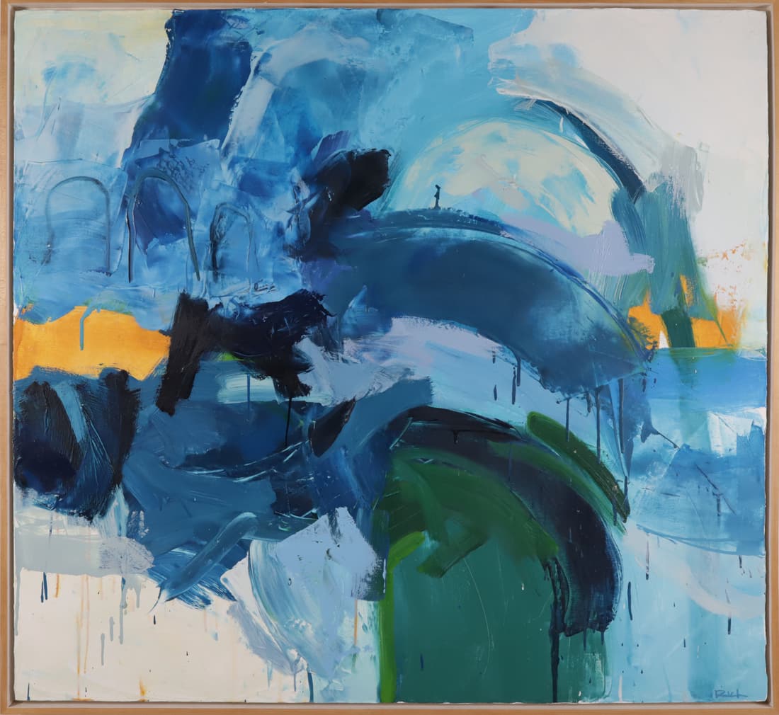 Michael Rich Acrylic on Canvas "Ocean Breath", circa 2000: Michael Rich (b. 1968) Acrylic on Canvas "Ocean Breath", circa 2000, signed lower right Rich, signed in full, dated and titled verso, in natural beechwood floater frame 45 in. x 48 in. Framed 46.75 in