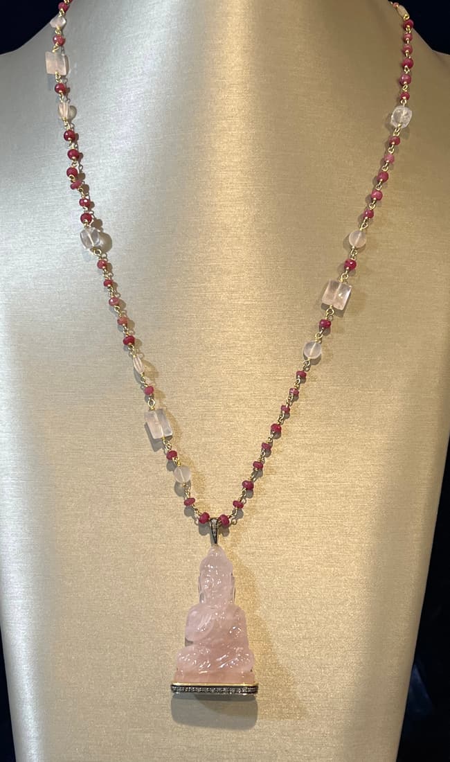 Carved Rose Quartz and Diamond Buddha Pendant (1 of 6)