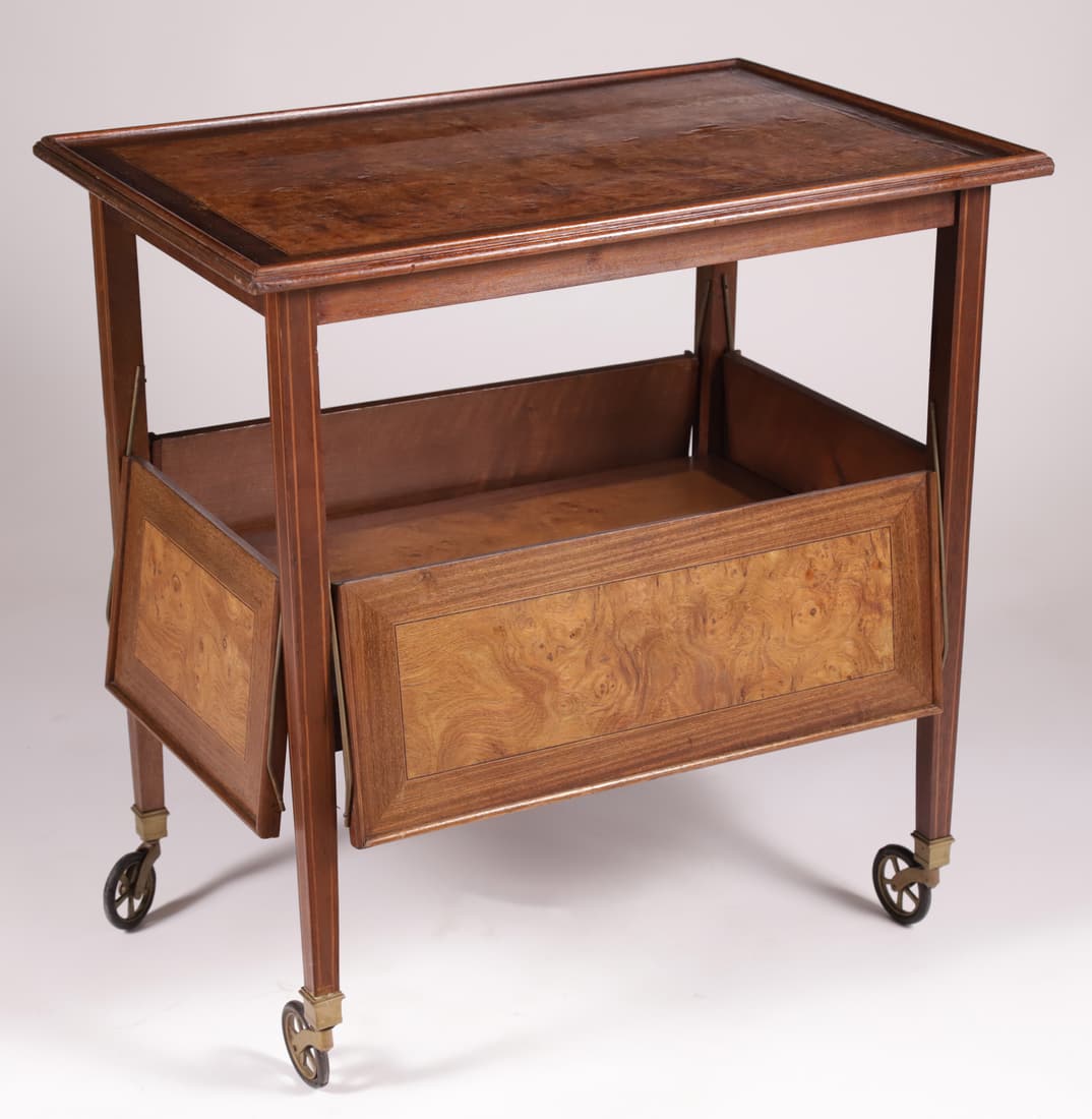 Burlwood Bar Cart with Line Inlay: Burlwood Bar Cart with Line Inlay Height 27 in. Width 26.5 in. Depth 18 in.