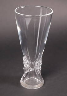 Signed Steuben Clear Crystal Vase: Signed Steuben Clear Crystal Vase, with applied floral grips Height 9 in.