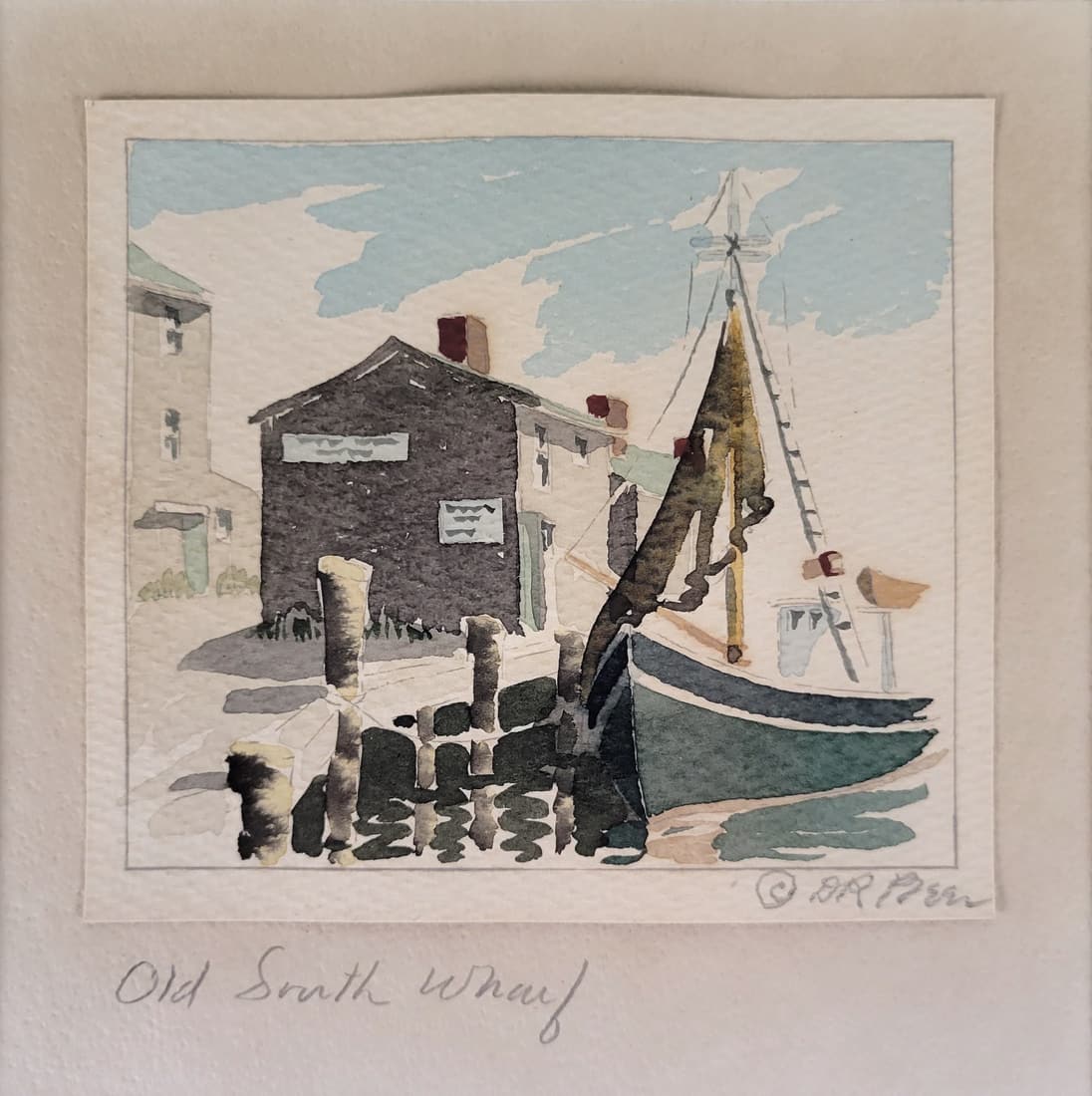 Doris and Richard Beer Miniature Nantucket Watercolor "Old South Wharf": Doris and Richard Beer Miniature Nantucket Watercolor "Old South Wharf", signed in pencil lower right "D&R Beer" and inscribed lower left "Old South Wharf". 4 in. x 4.5 in. Overall 11.5 x 10.5 in.
