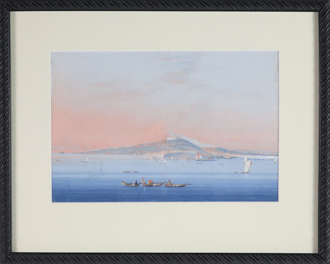 Tempera on Paper "View of Mount Vesuvius": Tempera on Paper "View of Mount Vesuvius", depicting busy harbor activity with Mount Vesuvius in the distance, matted and framed 6.5 in. x 10 in. Framed 12 in. x 15 in.