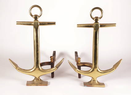 Vintage Pair of Brass Anchor Andirons: Vintage Pair of Brass Anchor Andirons Height 17 in. Width 18 in. Depth 12 in.