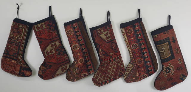 Set of Six Antique Persian Carpet Christmas Stockings: Set of Six Antique Persian Carpet Christmas Stockings, an old oriental rug salvaged into newer constructed stockings. 22.5 in. x 12 in.