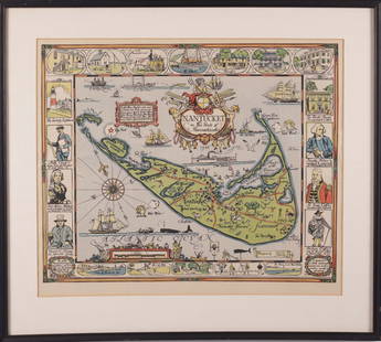 1926 Tony Sarg Colored Lithograph Map of Nantucket in the State of Massachusetts: 1926 Tony Sarg (1880-1942) Colored Lithograph Map of Nantucket in the State of Massachusetts, depicting founders of Nantucket Island and numerous landmarks, matted and framed Sight 16 in. x 18.5 in.