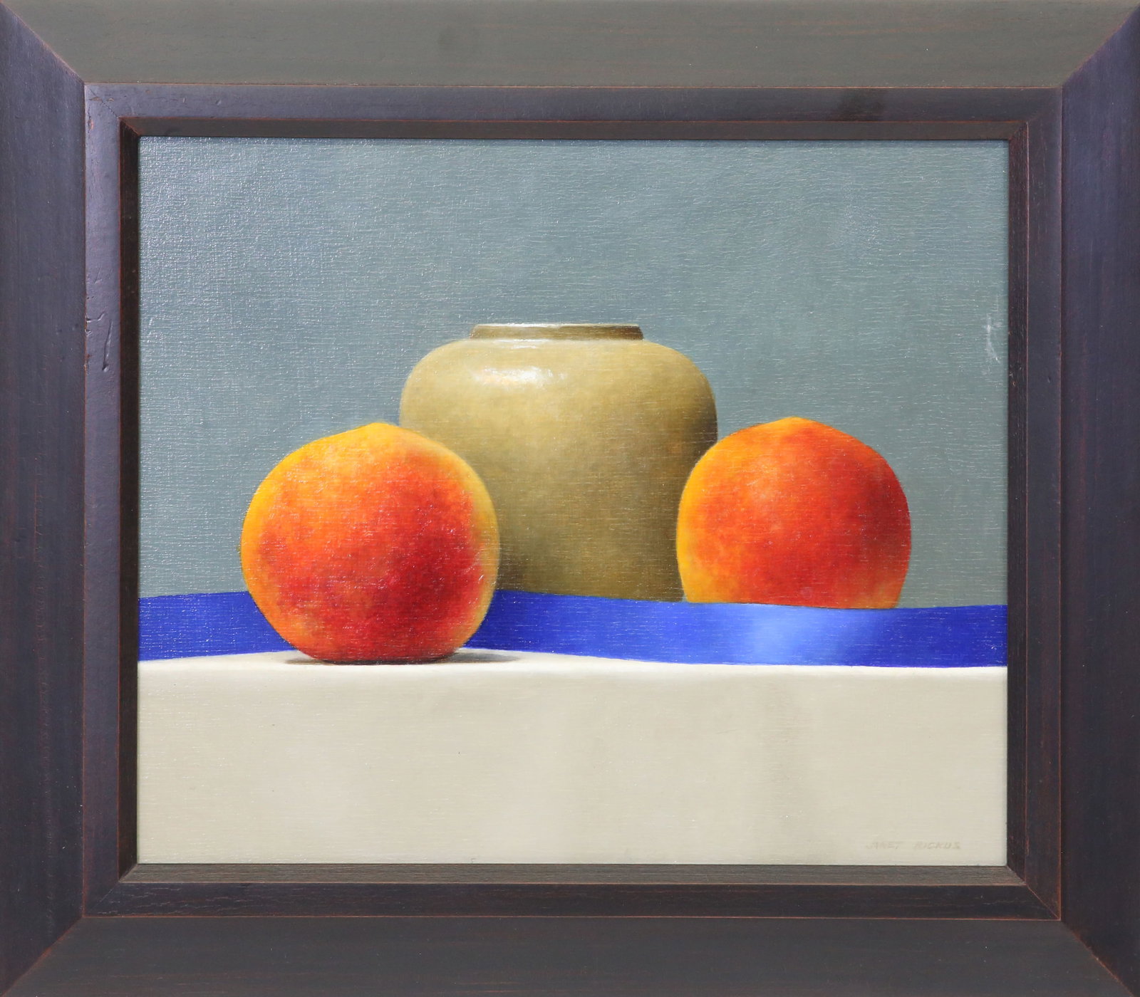 Janet Rickus Oil on Canvas Board "Peaches": Janet Rickus (Massachusetts b. 1949) Oil on Canvas Board "Peaches", signed lower right Janet Rickus 9.75 in. x 11.5 in. Framed 13.5 in. x 15.5 in. Provenance: The Estate of Stephen Weinroth, Nantucket