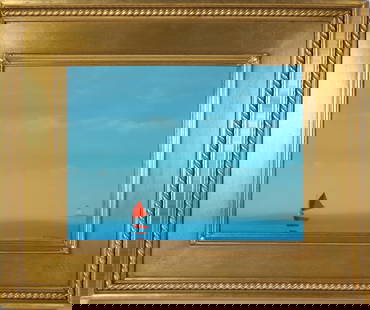 Robert Stark Jr. Oil on Masonite "Red-Sailed Catboat Rounding Brant Point, Nantucket": Robert Stark Jr. (1933-2014) Oil on Masonite "Red-Sailed Catboat Rounding Brant Point, Nantucket",?signed lower right R. Stark, in molded gilt frame with carved rope border 11.25 in. x 15.25 in. Frame