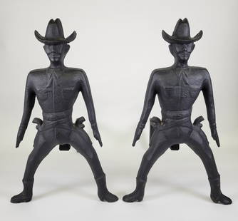 Rare Antique Cast Iron Figural Cowboy Gunfighter Andirons: Rare Antique Cast Iron Figural Cowboy Gunfighter Andirons, early 20th Century, "ready to draw" pose, old black painted surface. The last pair of this type to come to market sold for $6710.00 on Januar