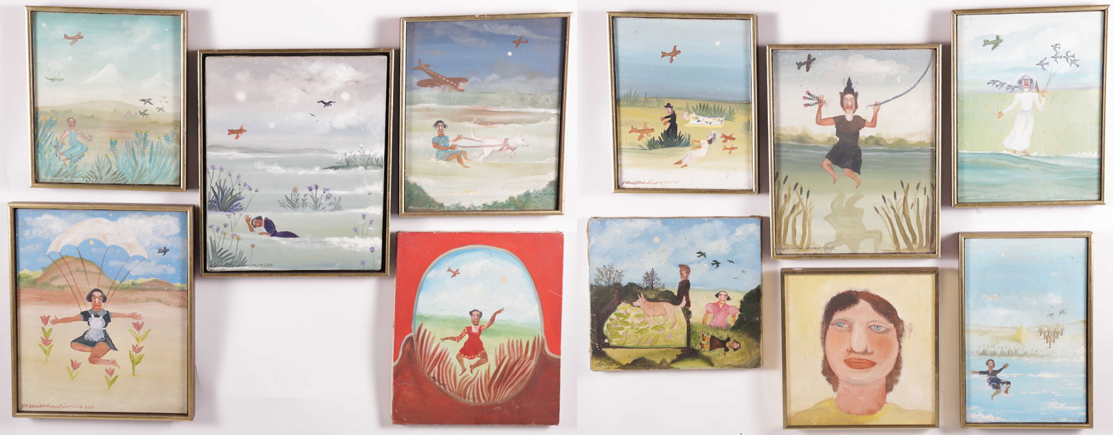 Collection of Eleven Cathy Senitt Harbison Folk Art Oil on Canvas Paintings (1 of 12)