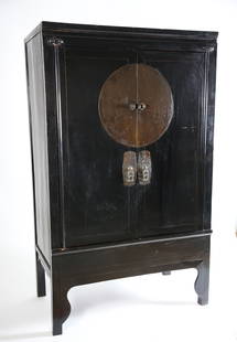 Vintage Chinese Black Lacquer Cabinet - Wardrobe: Vintage Chinese Black Lacquer Cabinet - Wardrobe, double doors with patina brass hardware open to reveal interior shelves, drawers and hidden compartment Height 71 in. Width 43 in. Depth 24 in.