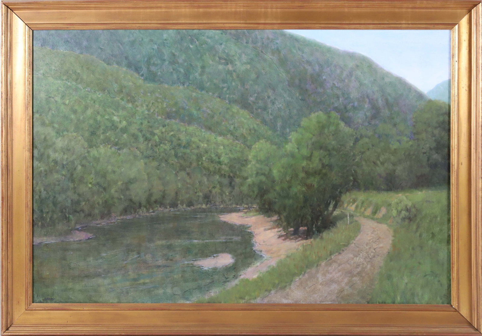 Donald Jurney (American b. 1945) Oil on Canvas "River Landscape": Donald Jurney (American b. 1945) Oil on Canvas "River Landscape", signed lower left Jurney, in molded gilt wood frame 29 in. x 45 in. Framed 36 in. x 52 in.Donald Jurney was?born in Rye, New York, in