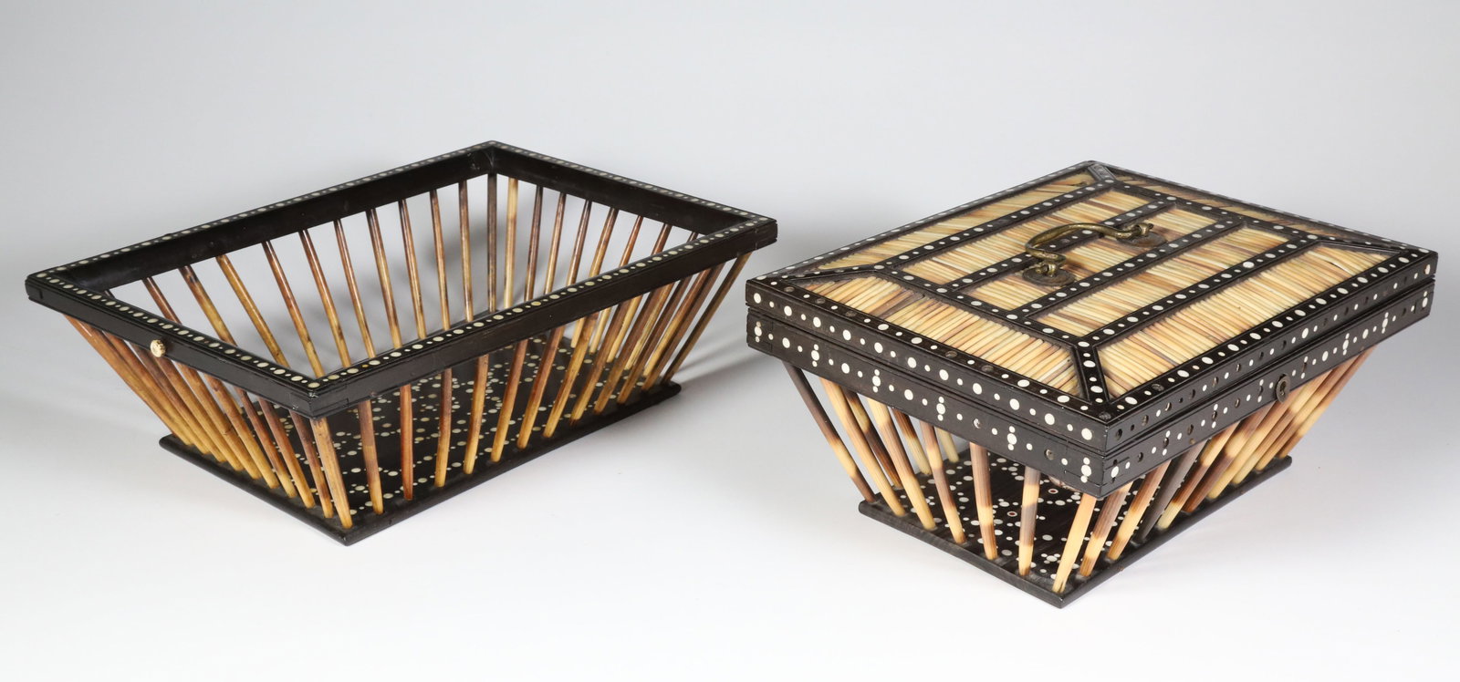 Two Porcupine Quill Items: Lidded Basket and Open Basket, 19th Century: Two Porcupine Quill Items: Lidded Basket and Open Basket, 19th Century, one with original John Rosselli label on base Lidded Basket Height 4.5 in. Width 9.75 in. Depth 7.25 " Open Basket Height 3.5 in