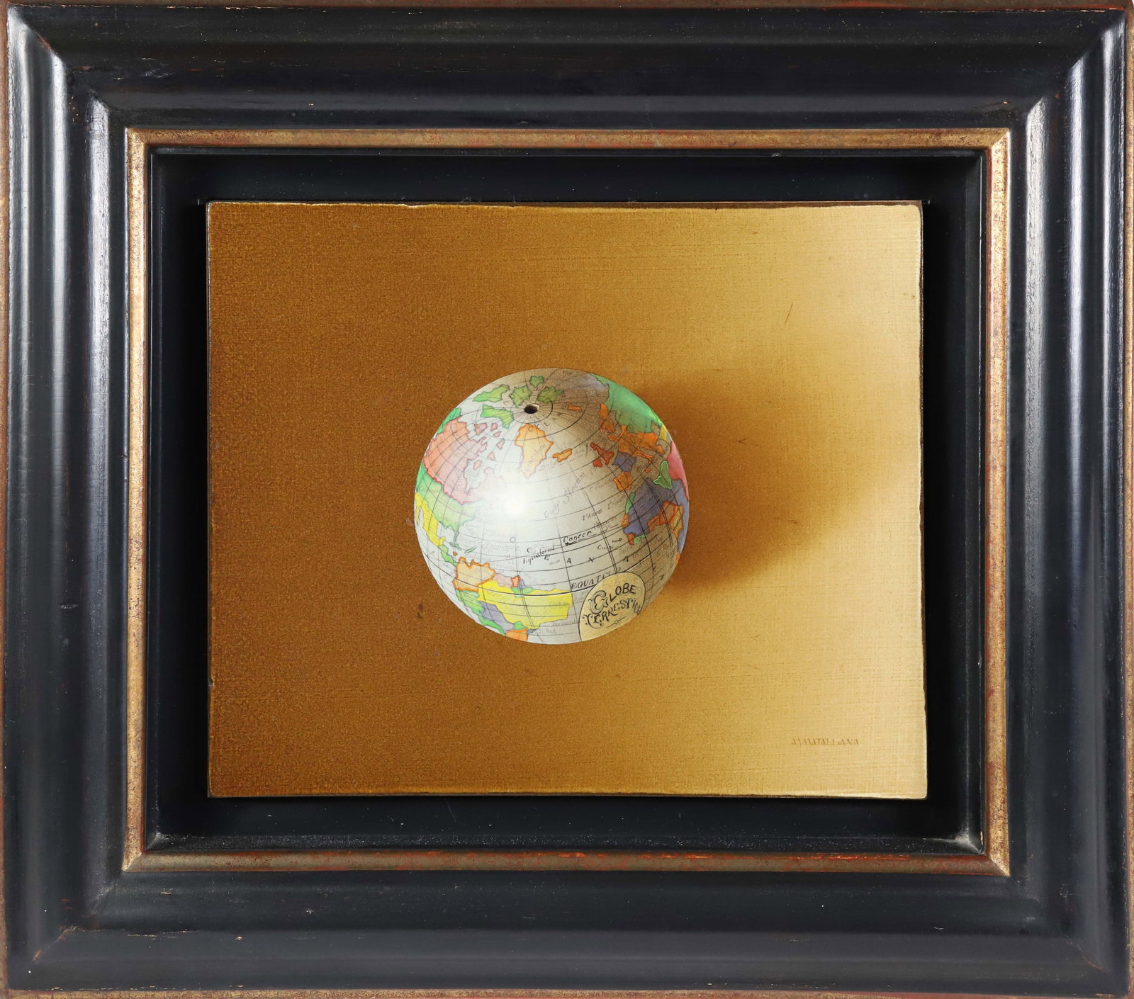Antonio Matallana Oil on Masonite "Terrestrial Globe Still Life": Antonio Matallana (Spain b. 1953) Oil on Masonite "Terrestrial Globe Still Life", signed lower right A.? Matallana, in ebonized and gilt molded frame Overall 7.5 in. x 9.5 in. Antonio Matallana studie