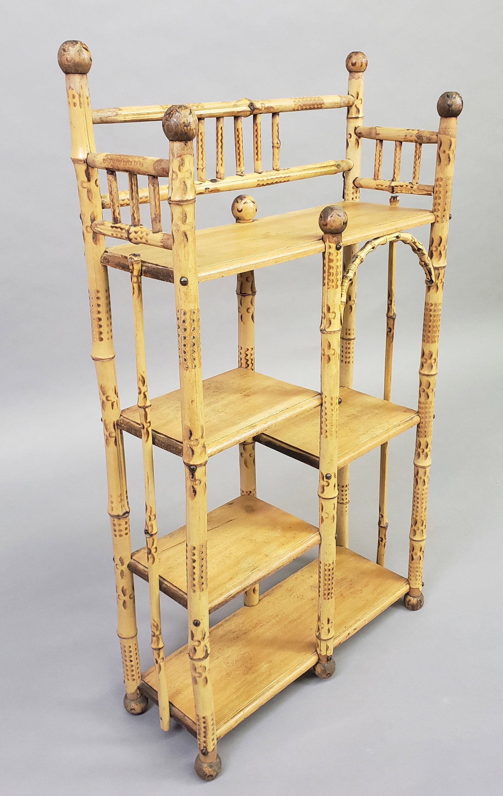 Vintage Bamboo Five-Tier Table Top Etagere Bookshelf: Vintage Bamboo Five-Tier Table Top Etagere Bookshelf Height 32 in. Width 19 in. Depth 7 in.