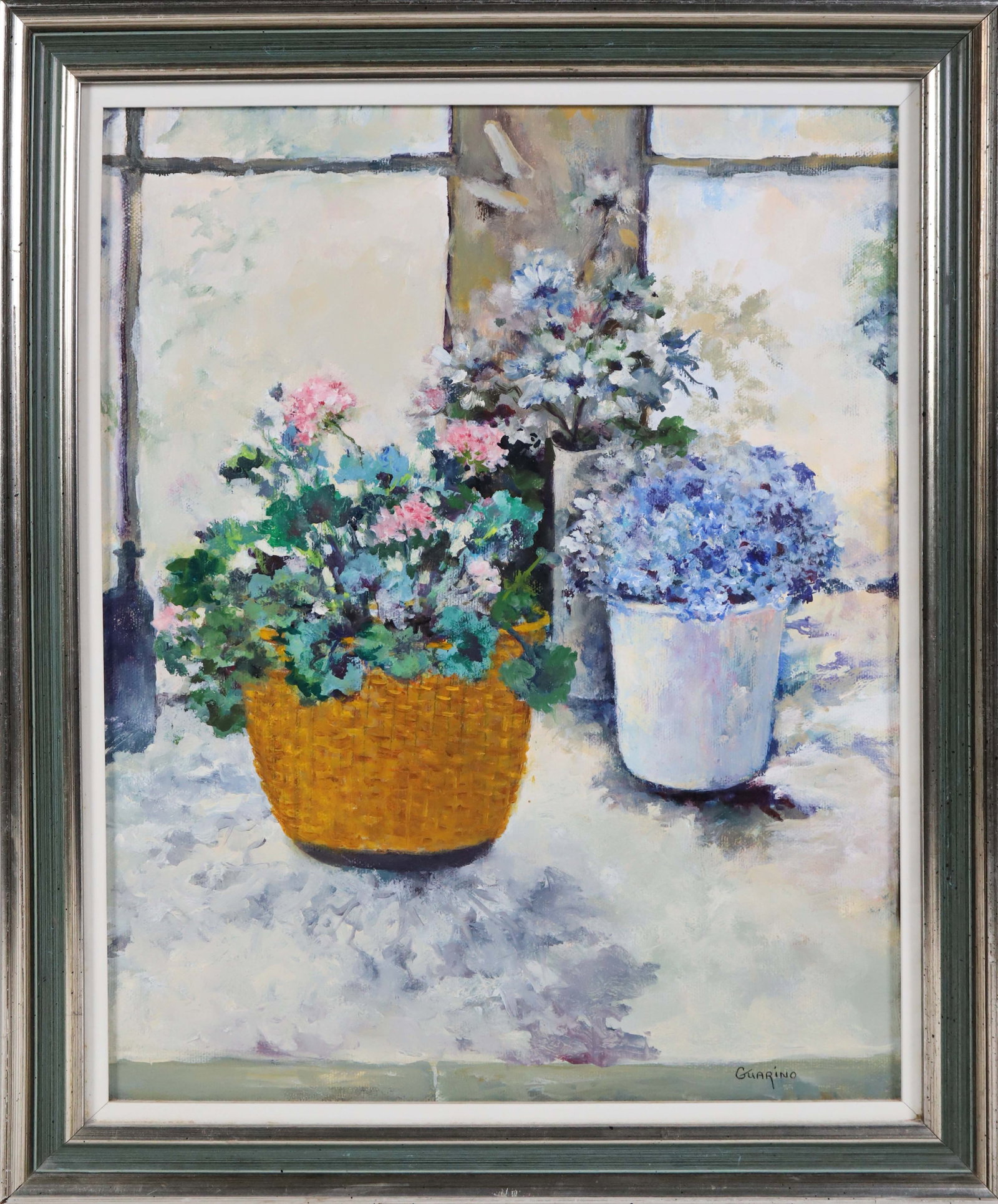 Peter Guarino Oil on Canvas "Flowers in a Basket and Jars": Peter Guarino Oil on Canvas "Flowers in a Basket and Jars", signed lower right Guarino, in molded silver gilt frame 14 in. x 10.5 in. Framed 16.5 in. x 13.5 in. Guarino, an Artists Association of Nant