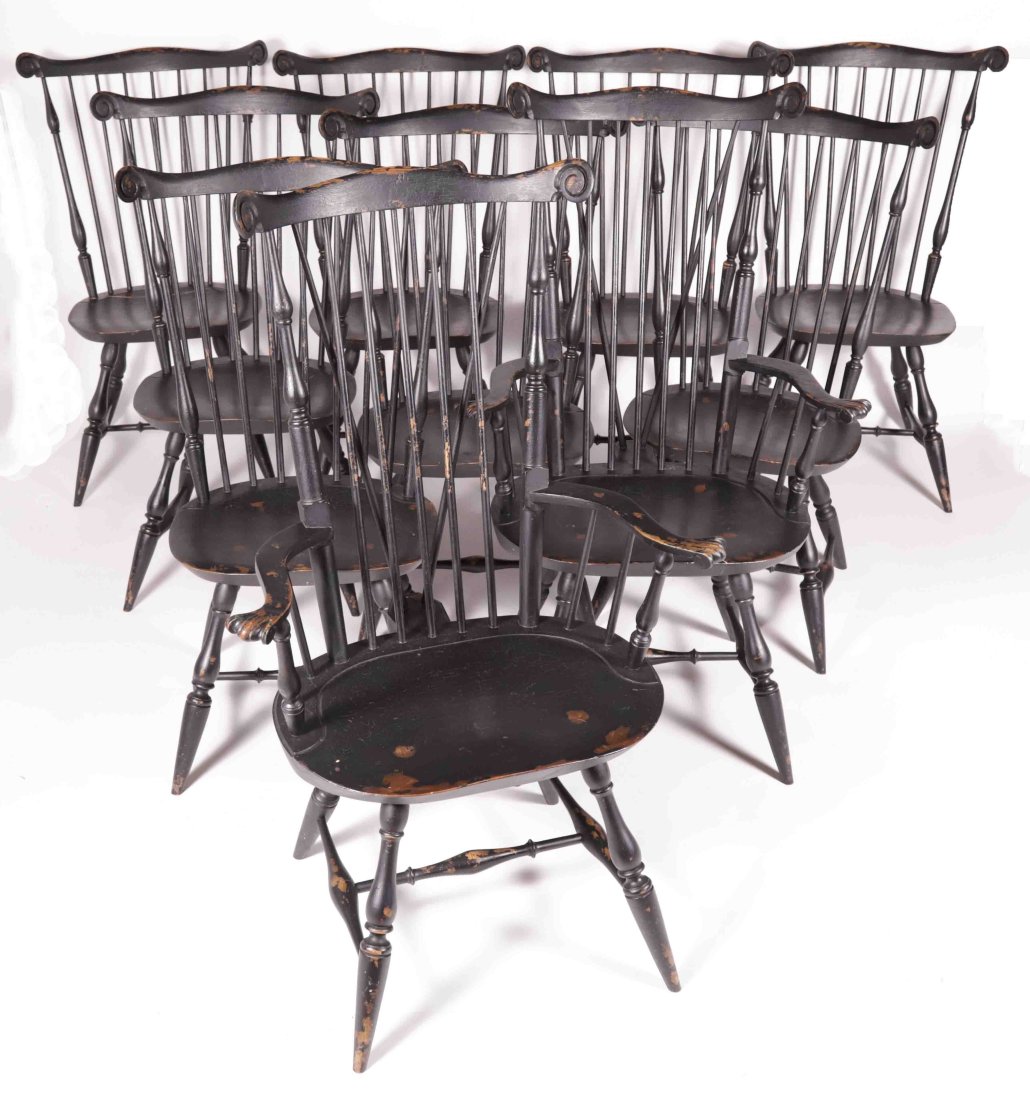 Set of Ten Warren Chair Works Fan-Back Windsor Dining Chairs: Set of Ten Warren Chair Works Fan-Back Windsor Dining Chairs, comprising two armchairs and eight side chairs, in worn black paint, signed underneathHeight 45 in. Width 28 in. Depth 21 in. Seat Height 