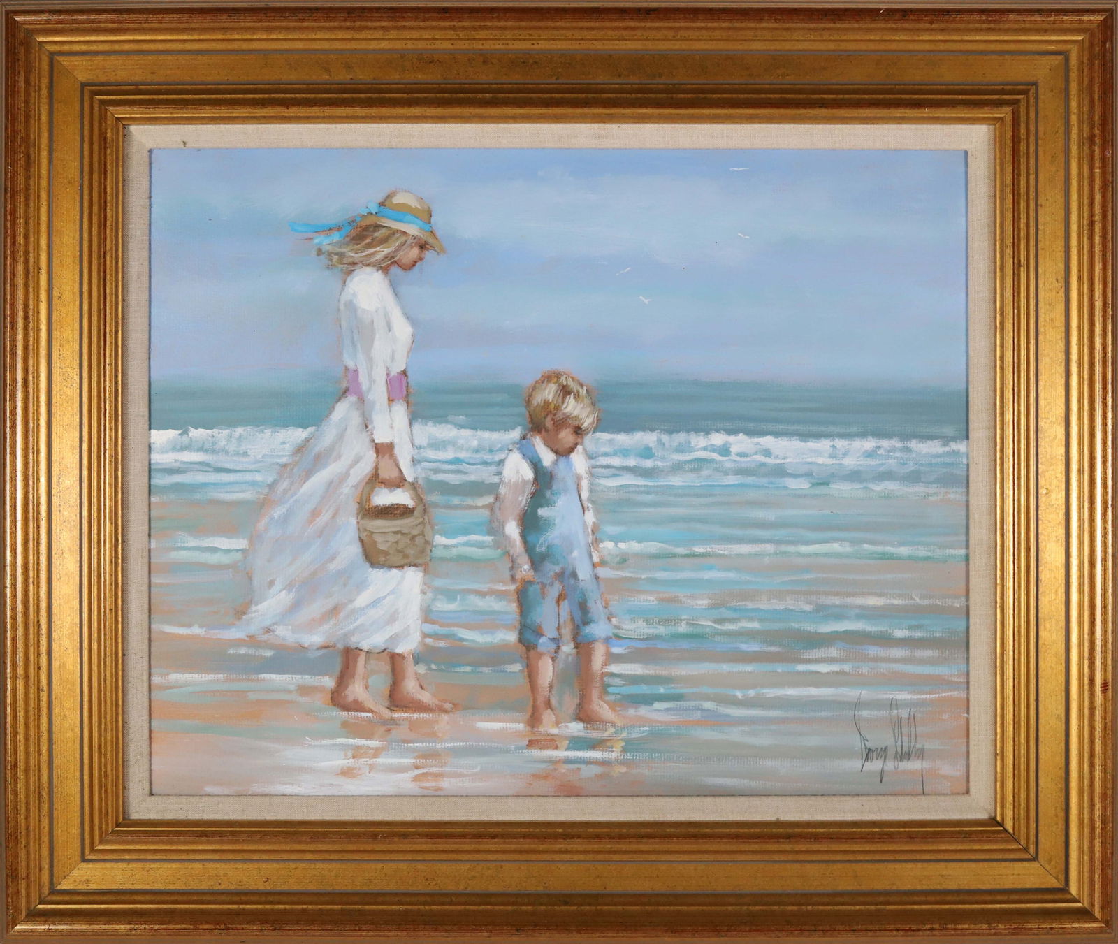 Cape Cod School Oil on Artist Board, "Mother and Son Collecting Seashells, 20th Century (1 of 4)