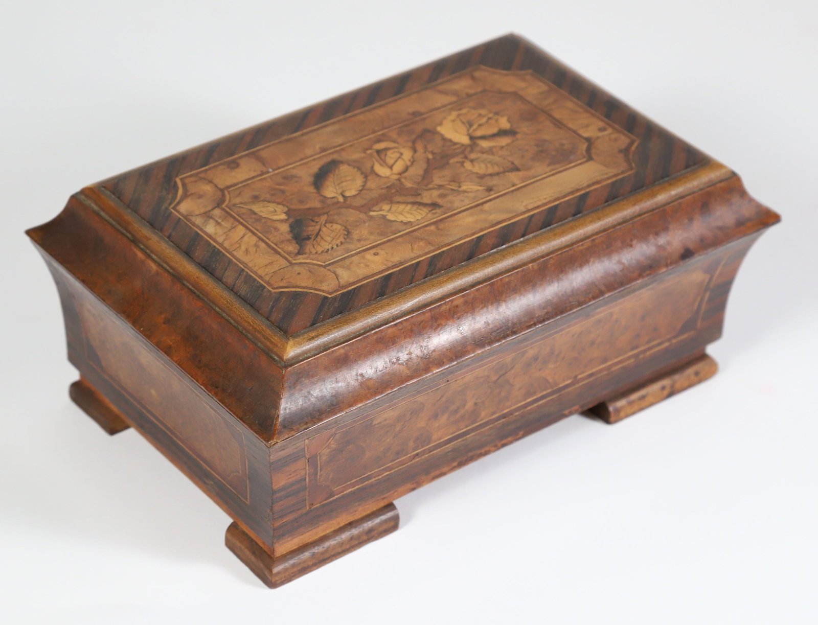 Pagoda Lift Top Burlwood Jewelry Box With Multi-wood Floral Inlays, 19th Century: Pagoda Lift Top Burlwood Jewelry Box With Multi-wood Floral Inlays, 19th Century, with later tray insert Height 4 in. Width 9 in. Depth 6 in.