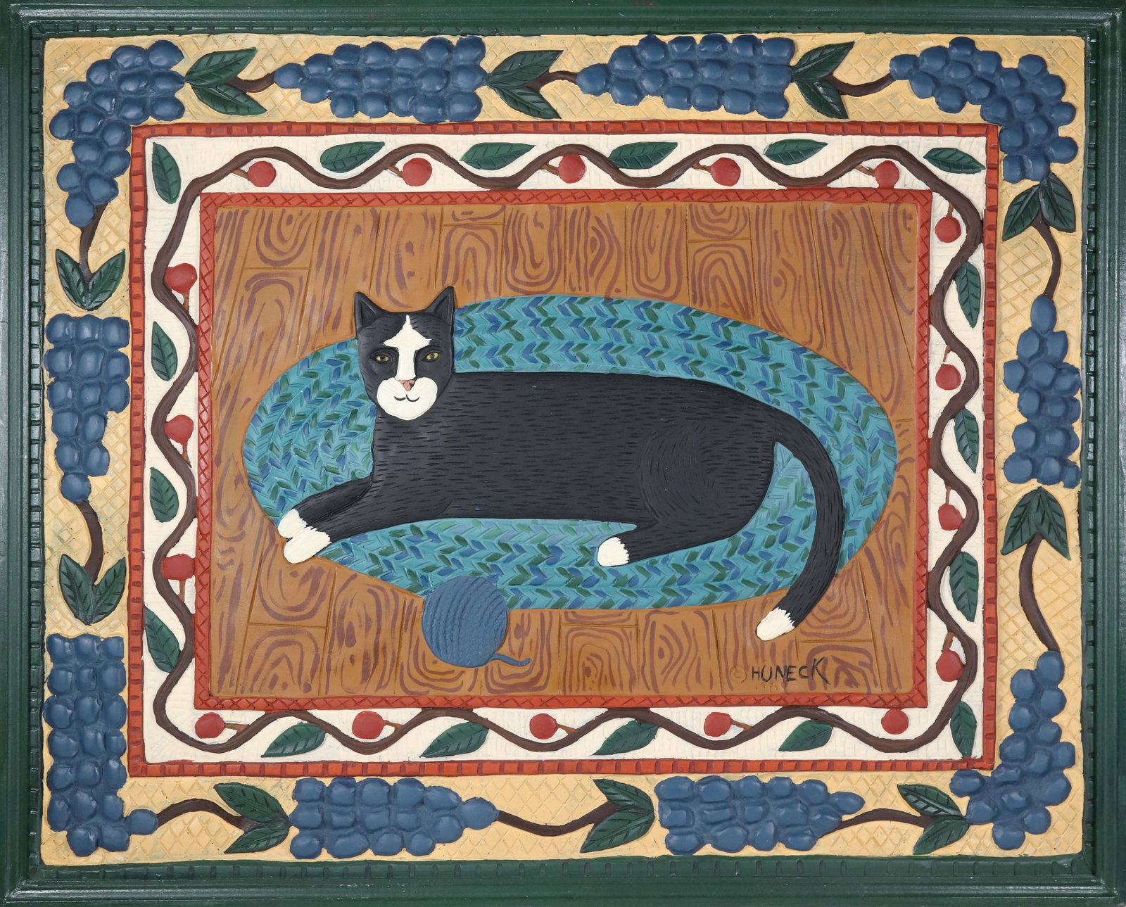 Stephen Huneck Dimensional Carved Plaque "Siamese Cat on Braided Rug" (1 of 6)