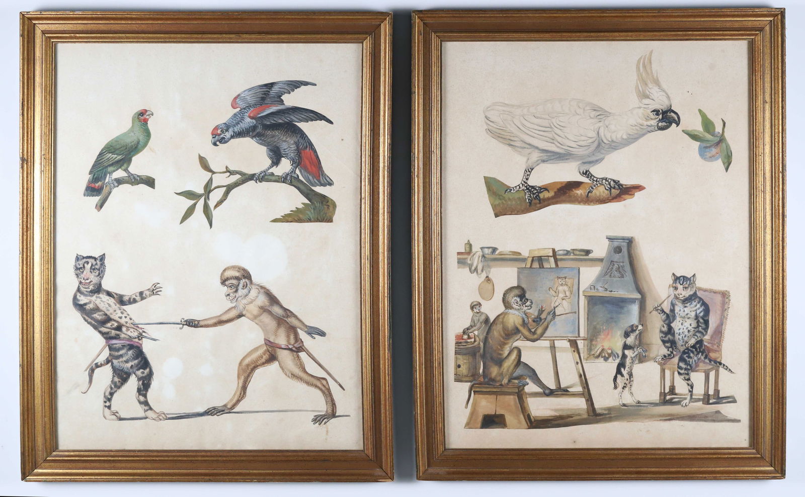 Pair of Watercolors "Animals Performing Human Activities", 19th Century (1 of 10)
