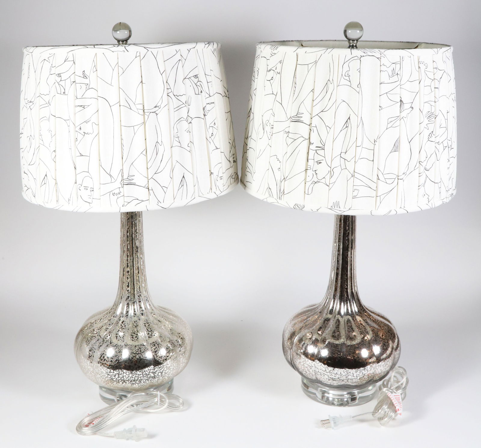 Pair of Mercury Glass Lamps with Pierre Frey Fabric Shades: Pair of Mercury Glass Lamps with Pierre Frey Fabric Shades Height Vase 16 in. Overall with Shades 26 in.