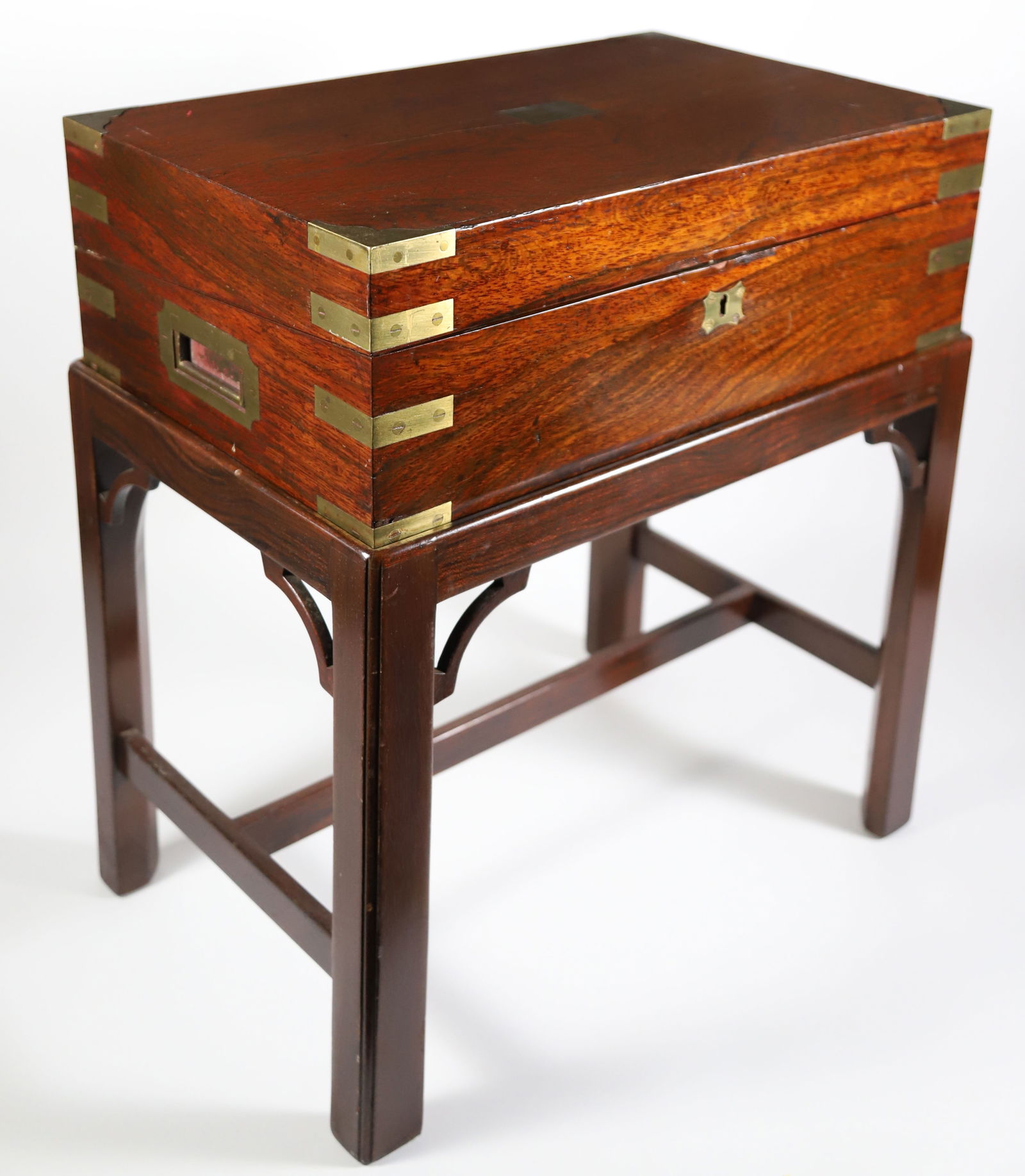 Antique Brass Bound Mahogany Traveling Desk Box on Custom Stand, 19th Century (1 of 8)