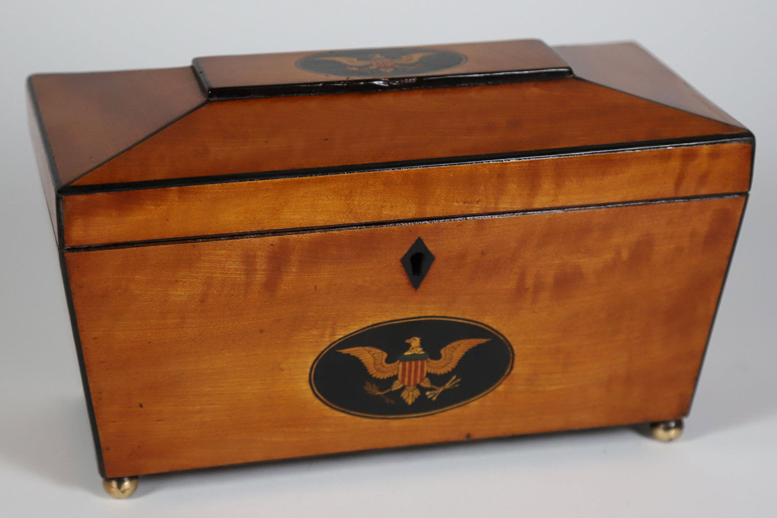 Satinwood Sarcophagus Form Eagle Inlaid Double Compartment Tea Caddy, 19th Century (1 of 8)