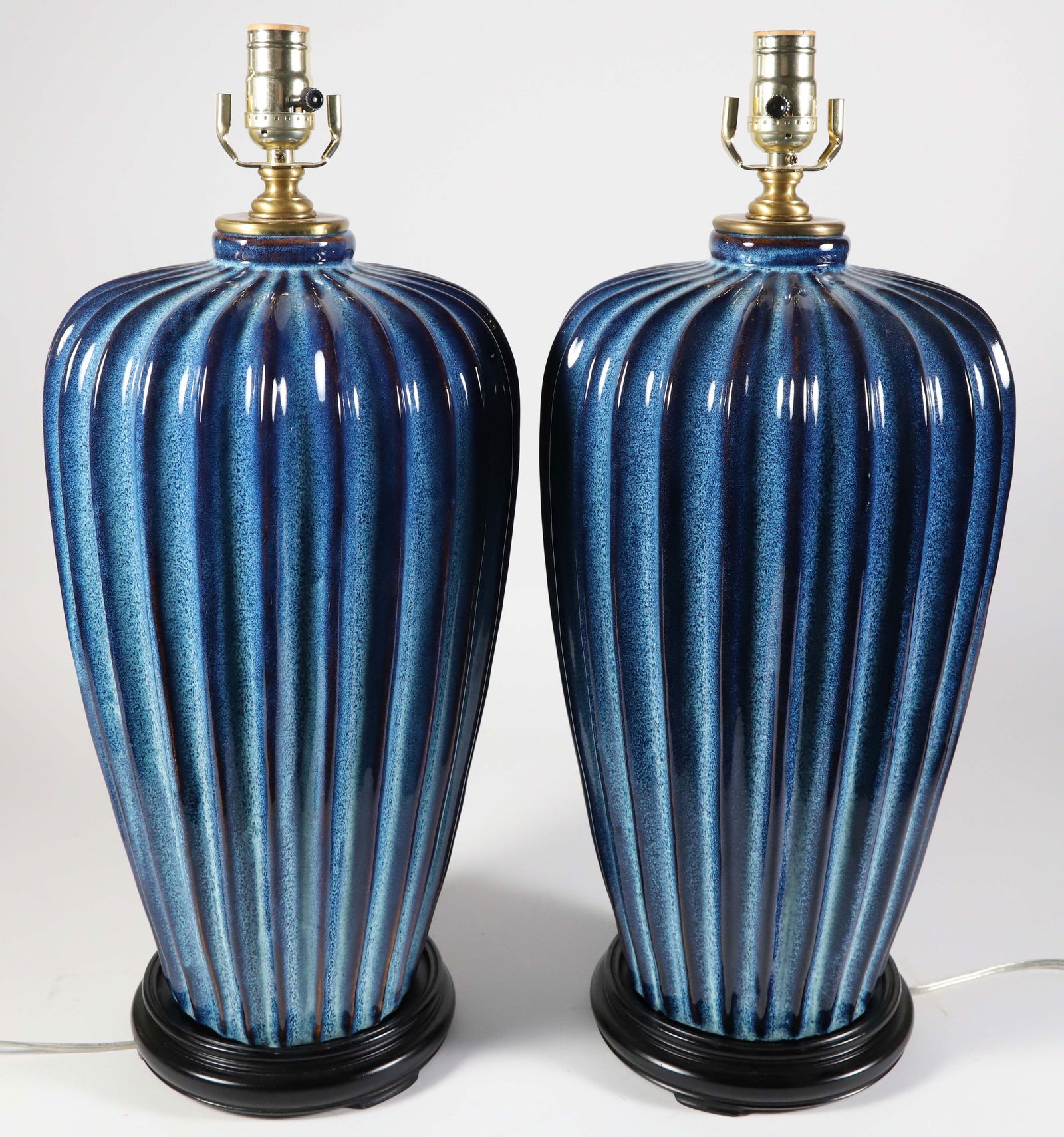 Pair of Contemporary Blue Fluted Ceramic Lamps on Teak Bases (1 of 5)