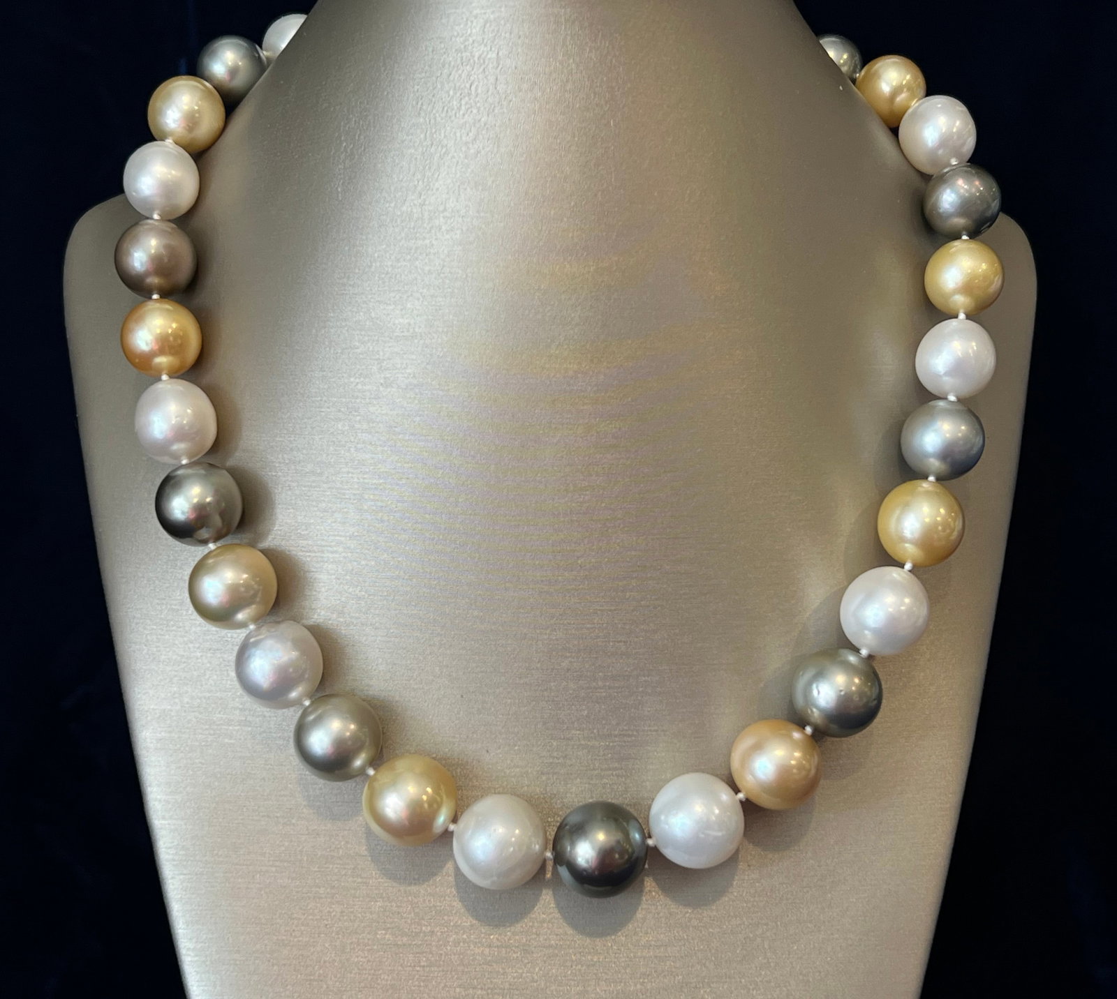 12.5mm-15mm White and Gold South Sea and Grey Tahitian Pearl Graduated Necklace, 14k Gold: 12.5mm-15mm White and Gold South Sea and Grey Tahitian Pearl Graduated Necklace, 14k Yellow Gold Clasp Length 17 in.