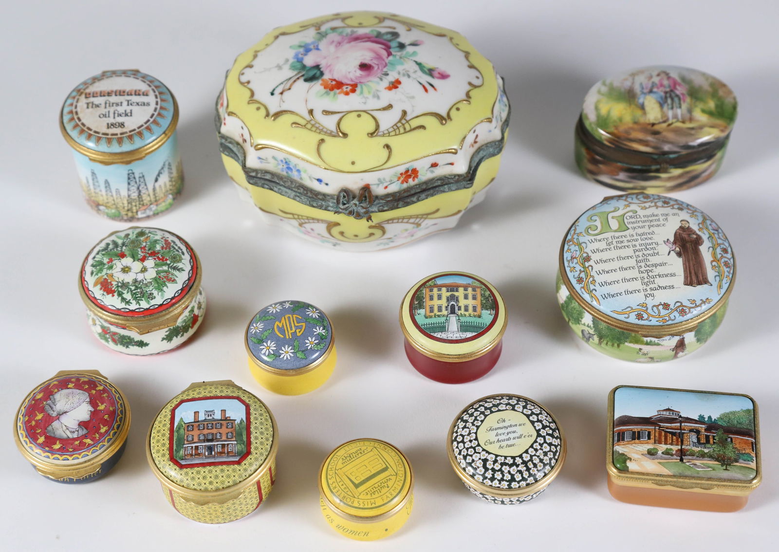 Collection of Twelve Halcyon Days Enamel Pill Boxes: Collection of Twelve Halcyon Days Enamel Pill Boxes Height 2.5 in. Width 4.5 in. Depth 3.5 in. Others Various Sizes