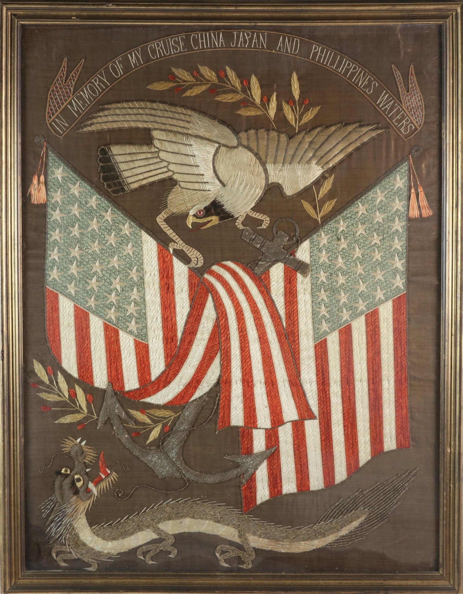 Japanese Silk Souvenir Embroidery "In Memory of My Cruise to China, Japan and Philippine Waters" (1 of 7)