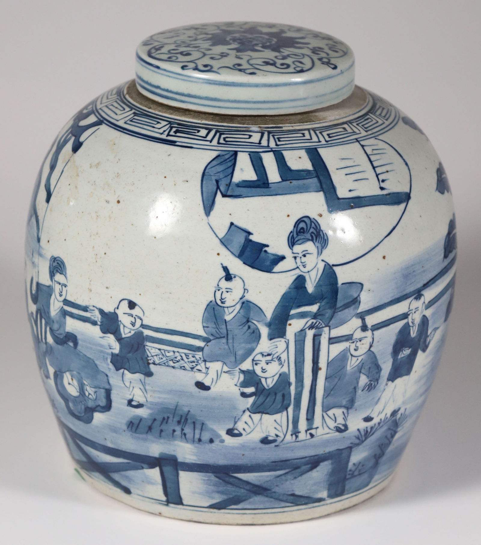 Chinese Blue and White Covered Ginger Jar: Chinese Blue and White Covered Ginger Jar, decorated with children and mother in a landscape setting Height 9.5 in. Diameter 8.5 in.