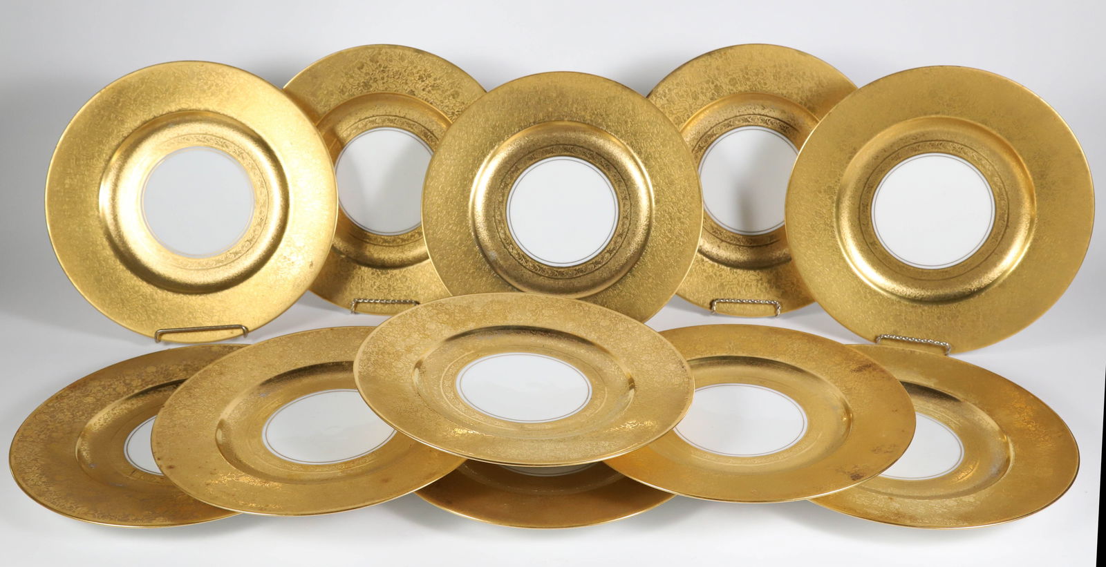 Eleven Royal Bavarian Dinner Plates with Broad Gold Borders: Eleven Royal Bavarian Dinner Plates with Broad Gold Borders Diameter 11 in.