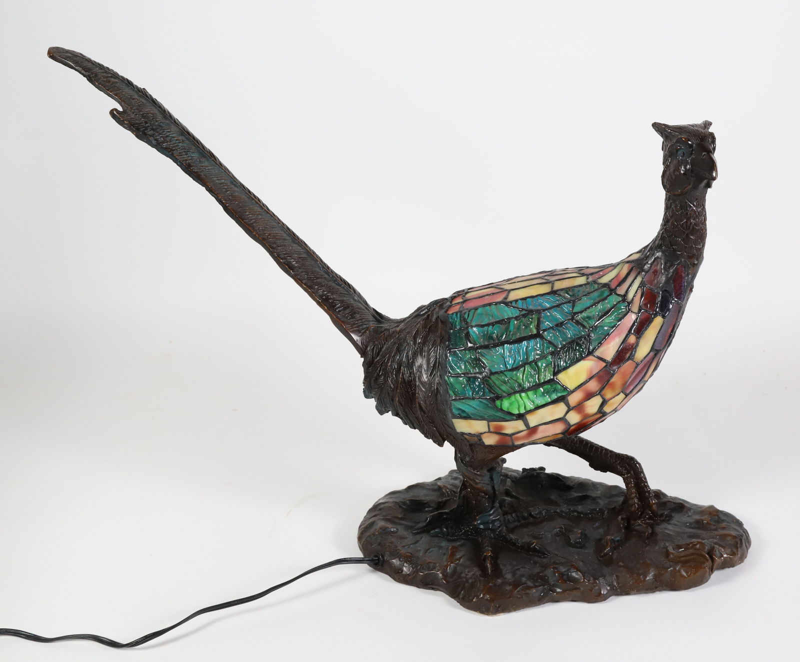 Charles Schneider Vintage Stained Glass and Patina Metal Pheasant Lamp, Signed (1 of 12)