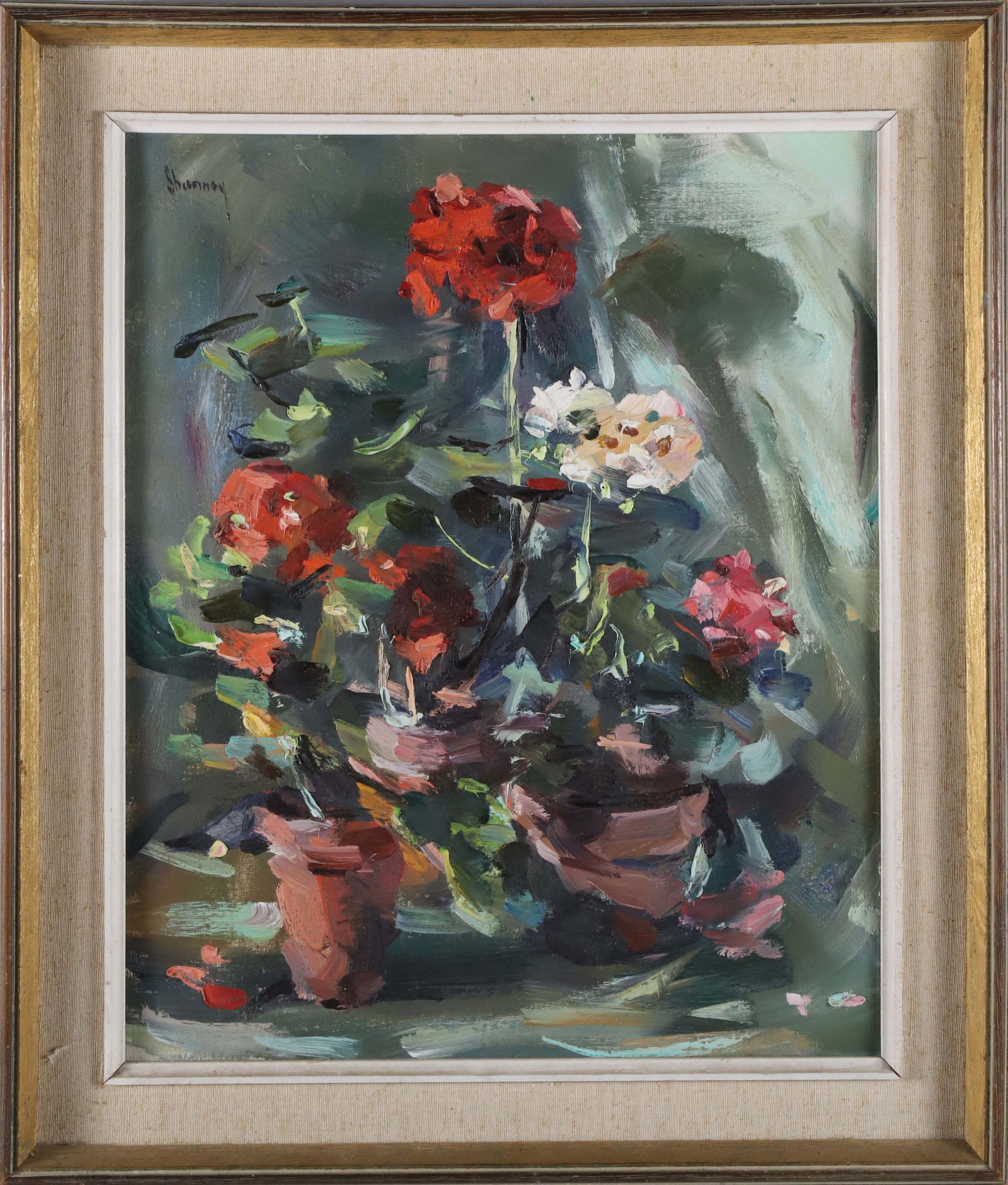 Andrew Shunney Oil On Canvas "Geraniums in Three Clay Pots": Andrew Shunney (1916-1978) Oil On Canvas "Geraniums in Three Clay Pots", signed upper left Shunney, matted and framed. 20 in. x 15.5 in. Framed 25 in. x 20.5 in.