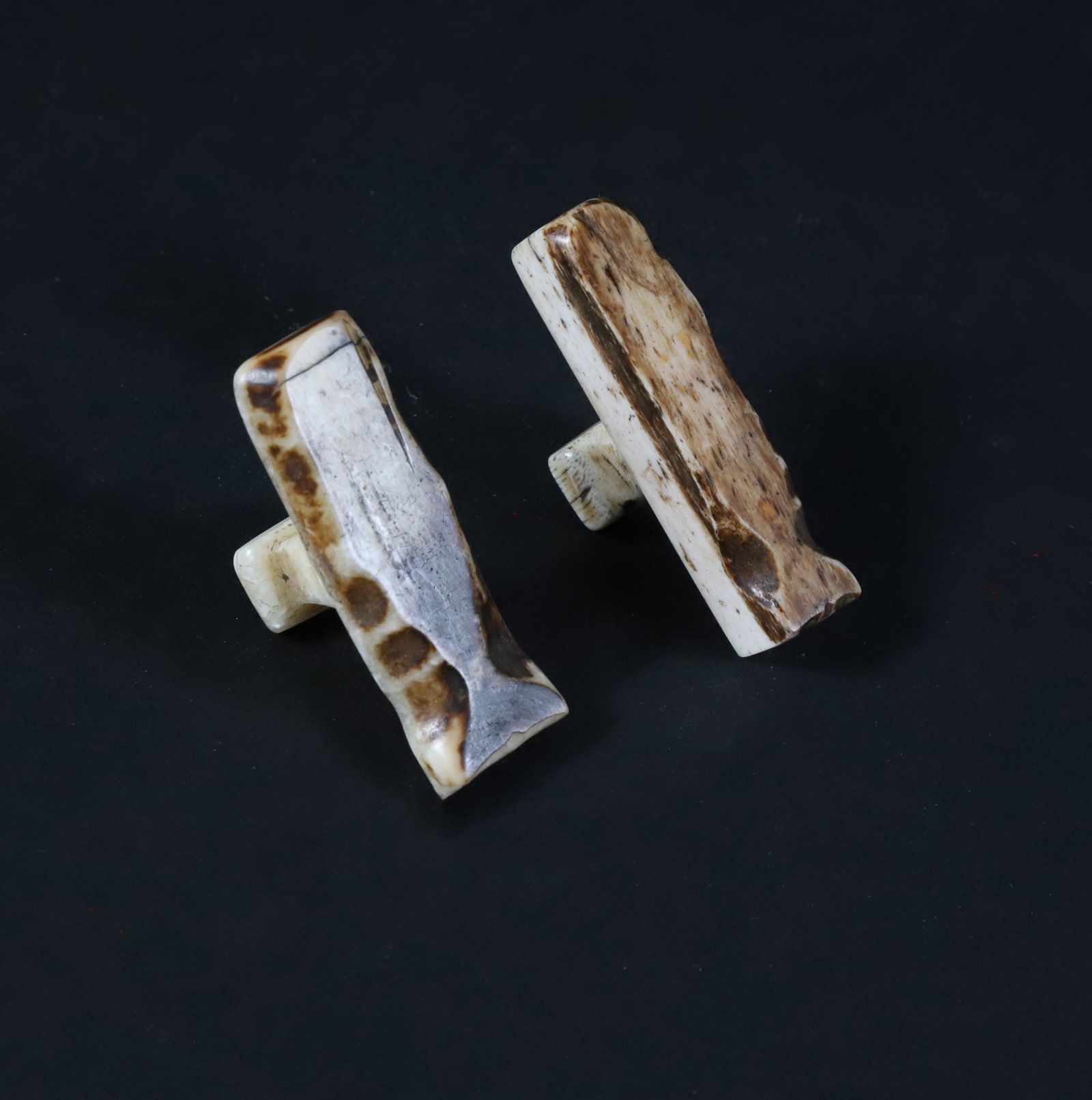 Two Whaleman Carved Whale Stamps, 19th century: Two Whaleman Carved Whale Stamps, 19th century, depicting full sperm whales, one of antique ivory, the other of bone Length 1.75 in.