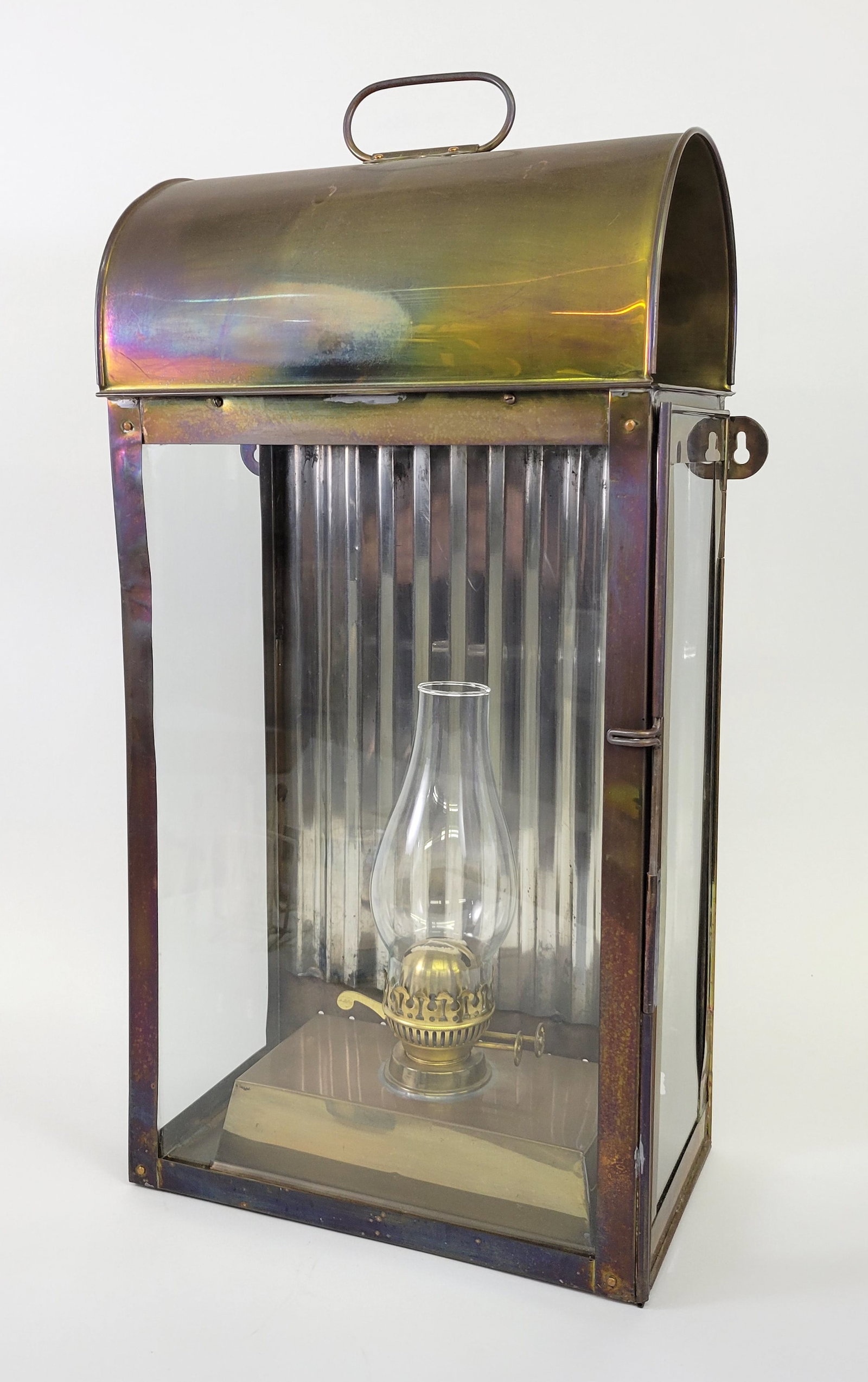 Vintage Abercrombie & Fitch Brass Nautical Oil Lantern: Vintage Abercrombie & Fitch Brass Nautical Oil Lantern, circa 1950, made in England for Abercrombie & Fitch Outfitters New York, glass panels, removable burner assembly, corrugated tin reflector, 