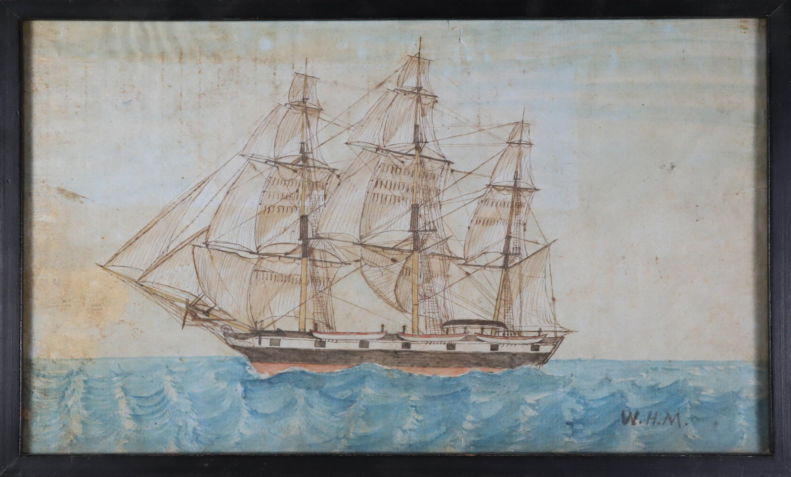 Rare William H. Macy Watercolor and Ink View of Nantucket Whaleship: Rare William H. Macy Watercolor and Ink View of a Nantucket Whaleship, initialed lower right, W.H.M, in thin wood frame. Note: The Nantucket Historical Association holds another example of his work: W