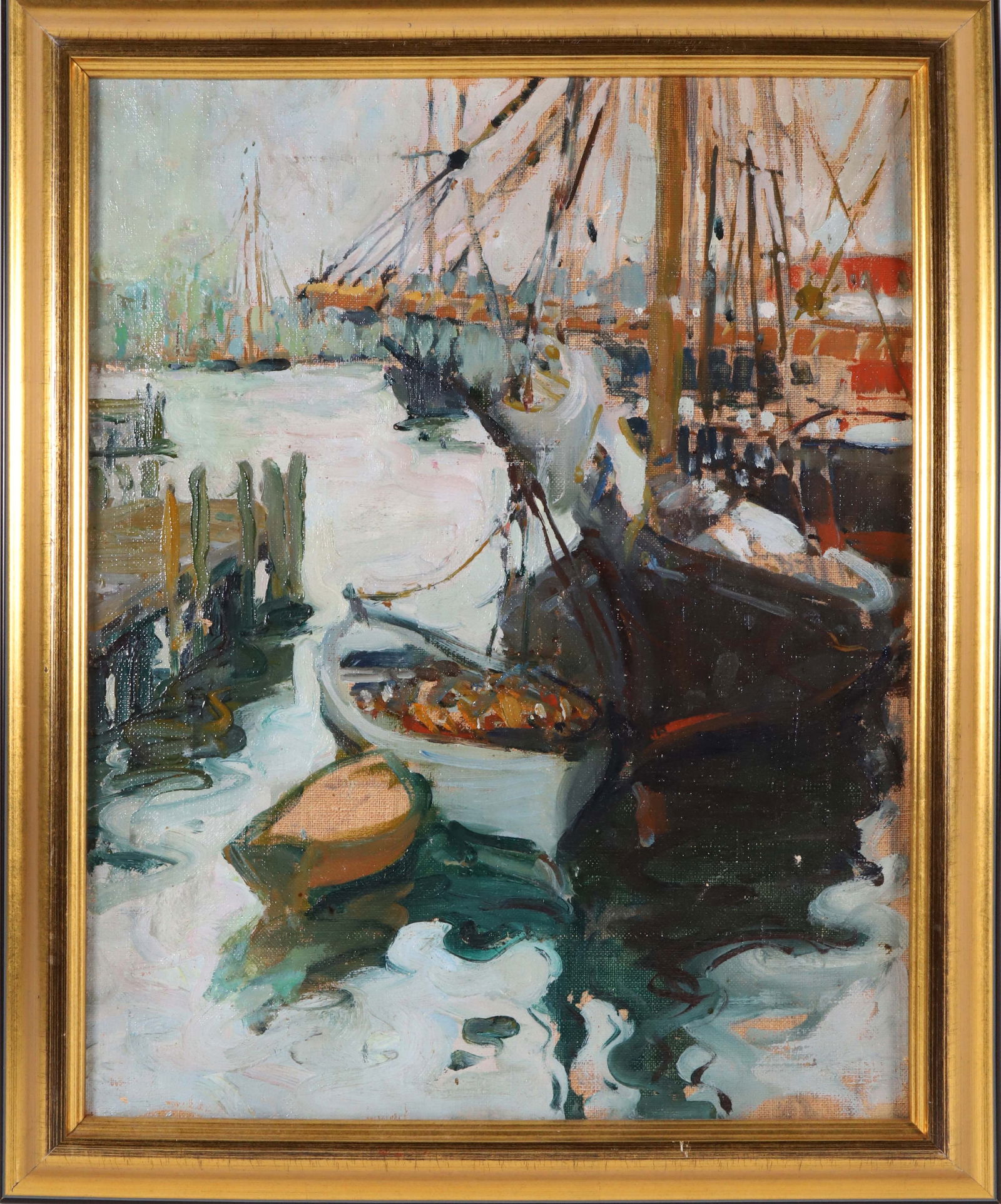 Attributted to Emile Gruppe Oil on Linen "Fishing Boats Docked Gloucester": Attributted to Emile Gruppe (1896-1978) Oil on Linen "Fishing Boats Docked Gloucester", unsigned, in molded gilt frame with hand writing on stretcher 19.5 in. x 15.5 in. Framed 23 in. x 19 in.