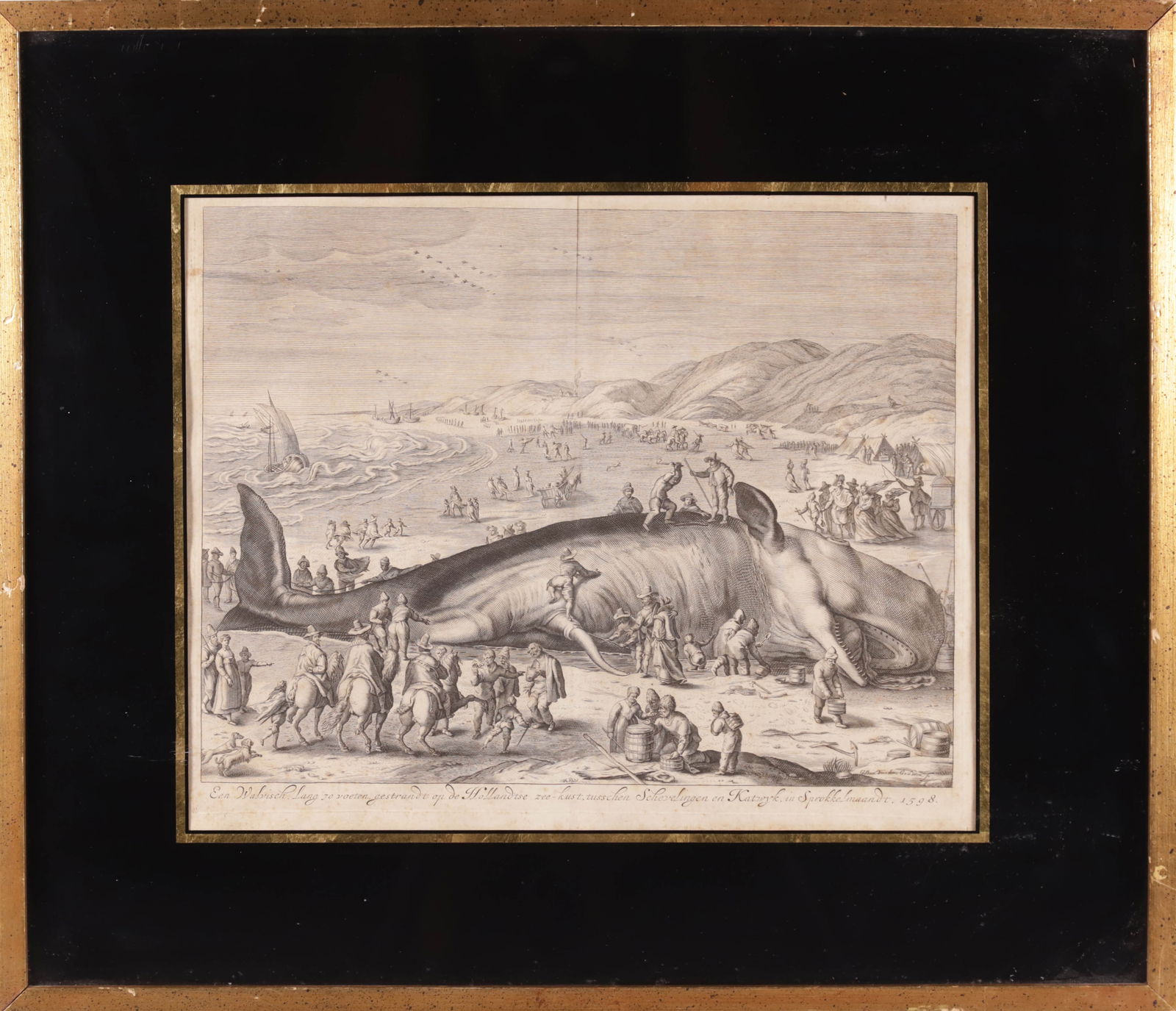 Gilliam van der Gouwen 1598 Dutch Whaling Engraving: Gilliam van der Gouwen 1598 Dutch Whaling Engraving,?matted and framed. Provenance: The Old Print Shop to the Present Owner Sight 12 in. x 13.5 in. Overall 18 in. x 20.5 in.