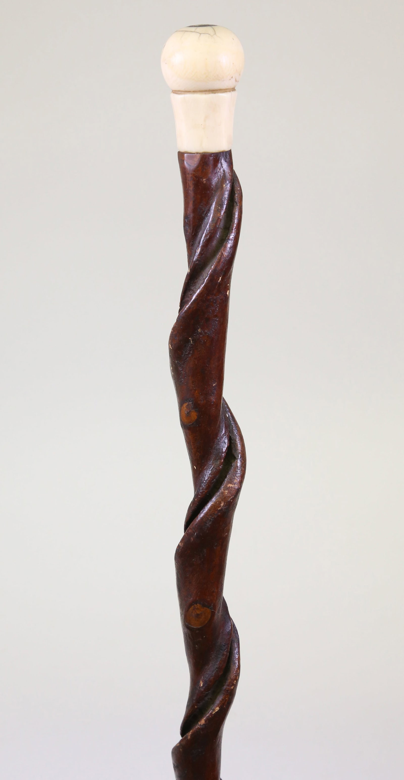 Folk Art Willow Branch and Antique Whale Ivory Ball Grip Walking Stick, 19th Century: Folk Art Willow Branch and Antique Whale Ivory Ball Grip Walking Stick, 19th Century Length 34 in.